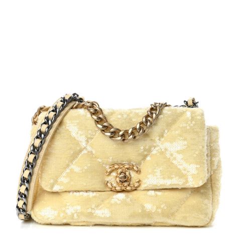 chanel 18990216|CHANEL Sequin Quilted Medium Chanel 19 Flap Light Yellow .